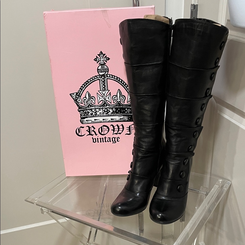Crown Vintage Black Leather Upper Vintage inspired Boots